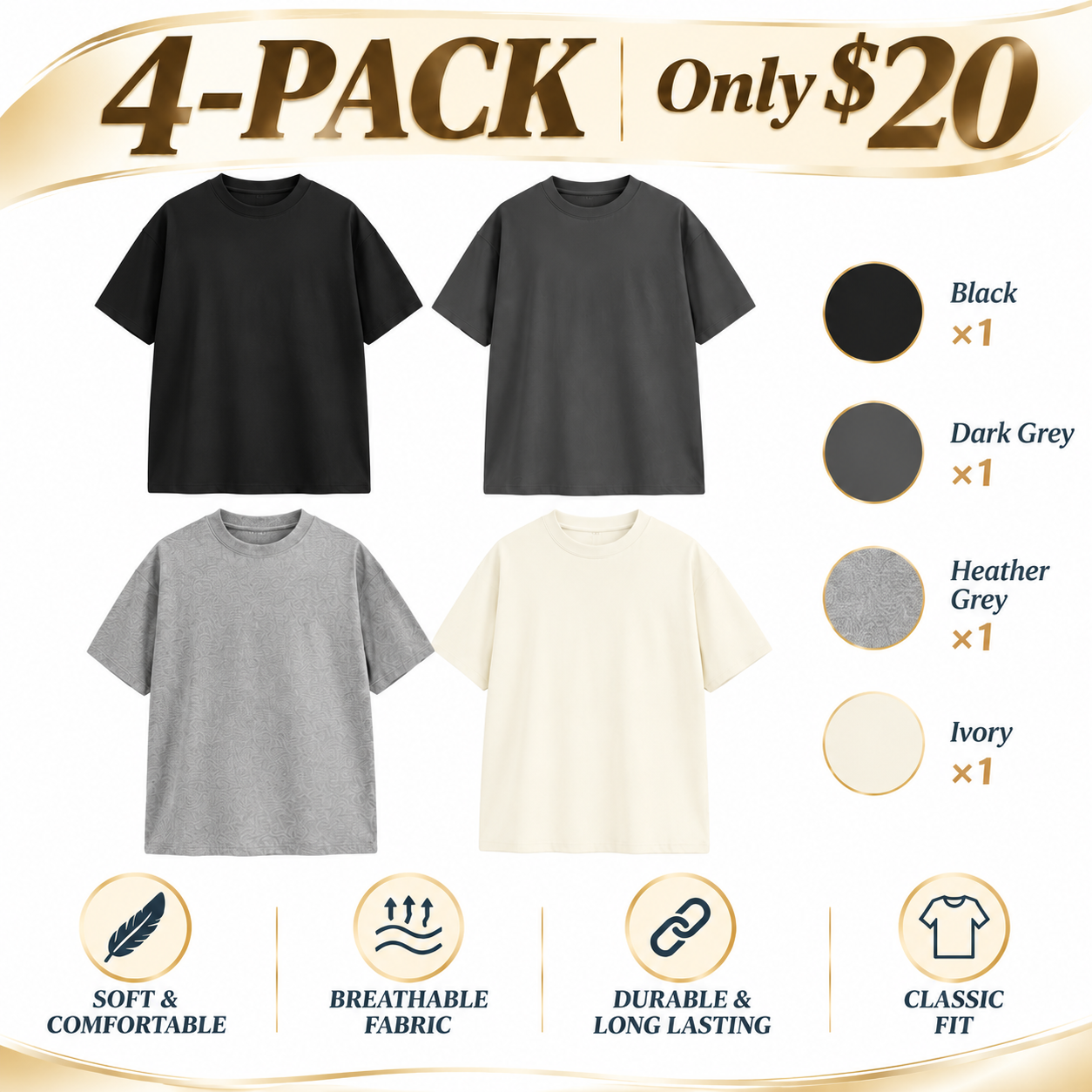 Heavyweight 100% Cotton Drop-Shoulder T-Shirts – Multi-Pack