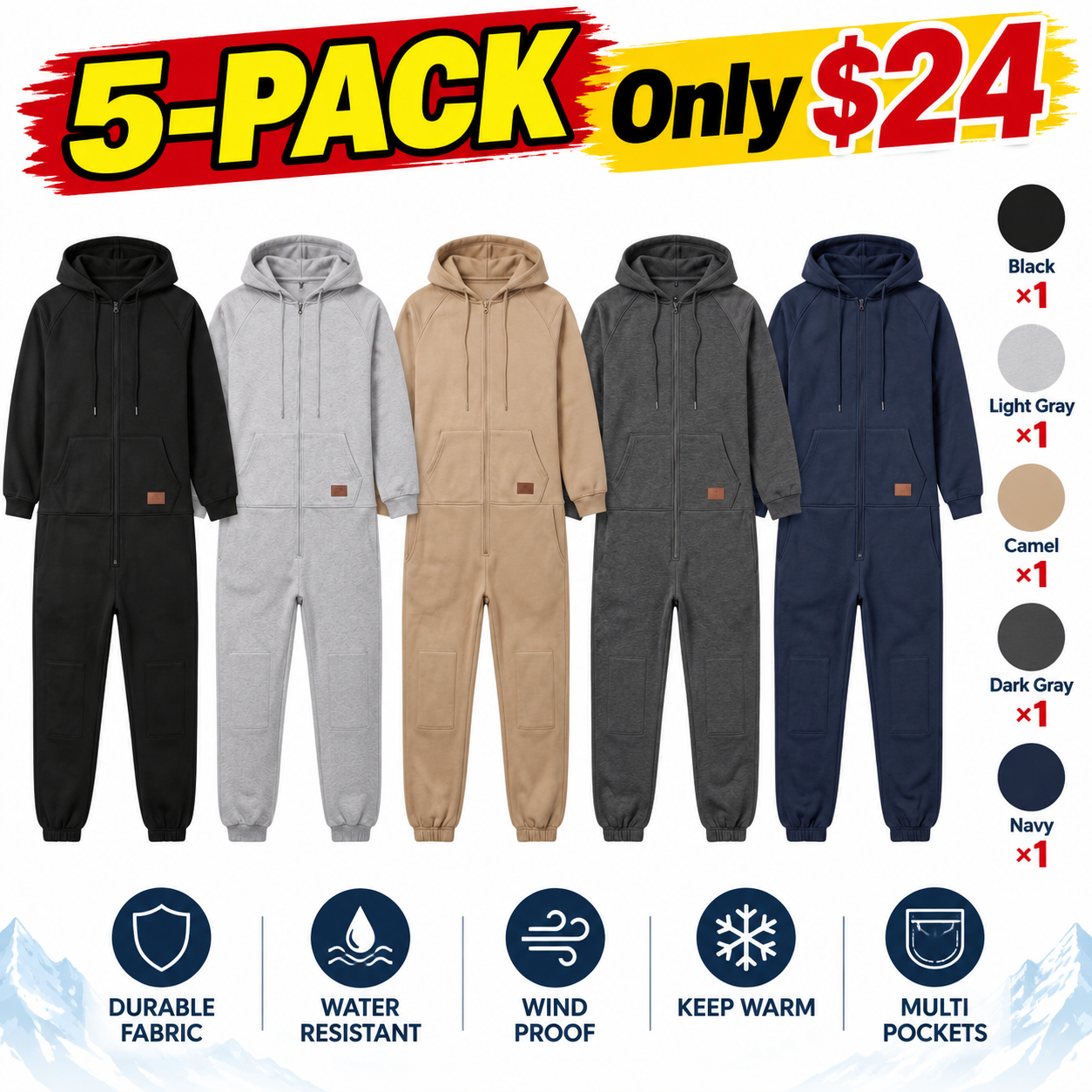 Men’s Hooded Cargo Jumpsuit – Full-Zip Utility One-Piece