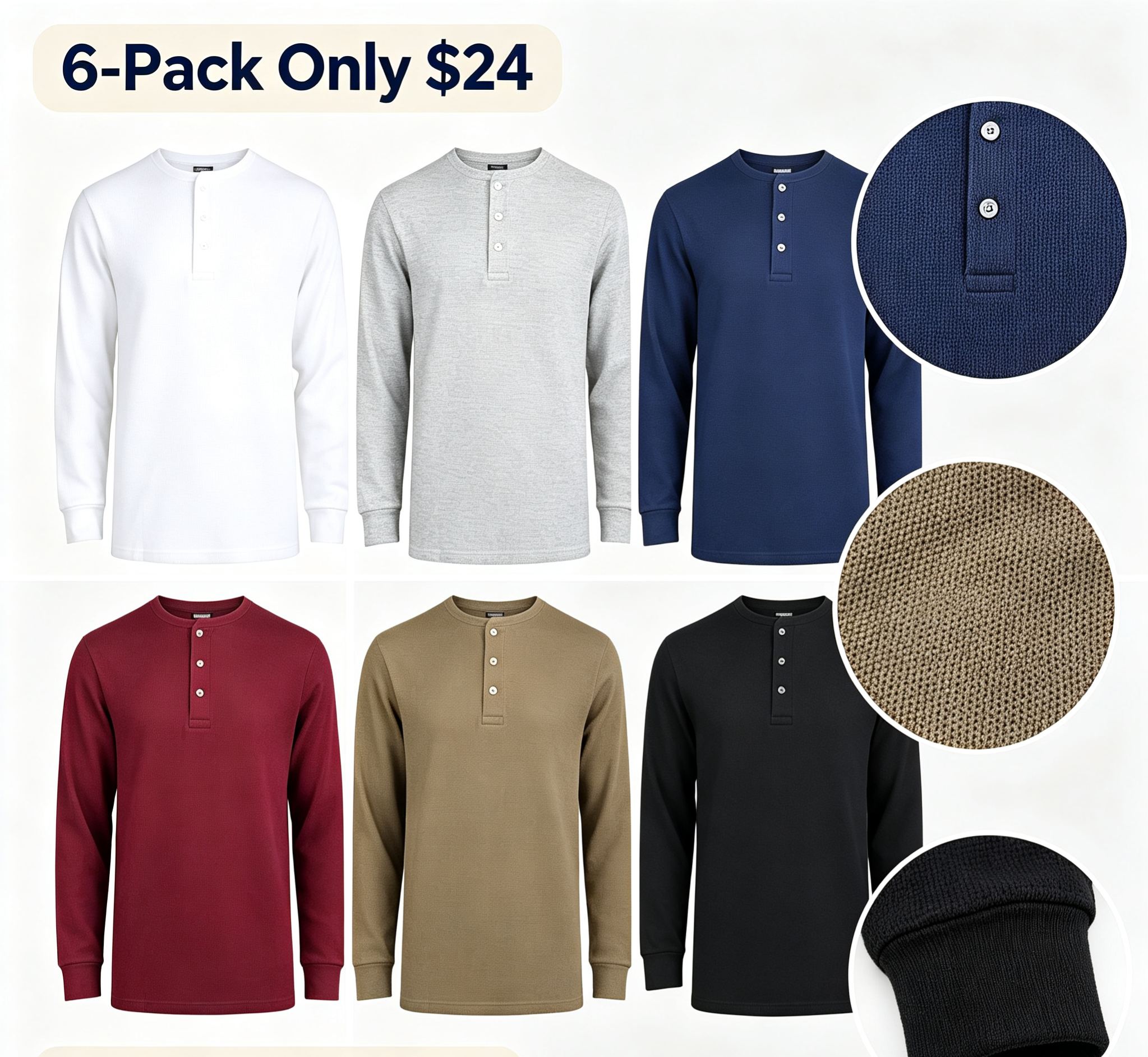 Men’s 3-Pack Long Sleeve Henley Shirts – 3 Classic Colors