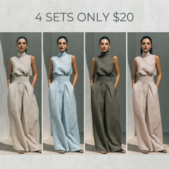 Women's 2-Piece Elegant Outfit Set - Chic Mock Neck Halter Top & High-Waisted Wide-Leg Pants