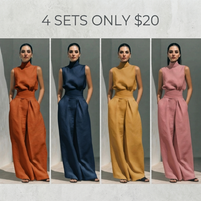Women's 2-Piece Elegant Outfit Set - Chic Mock Neck Halter Top & High-Waisted Wide-Leg Pants