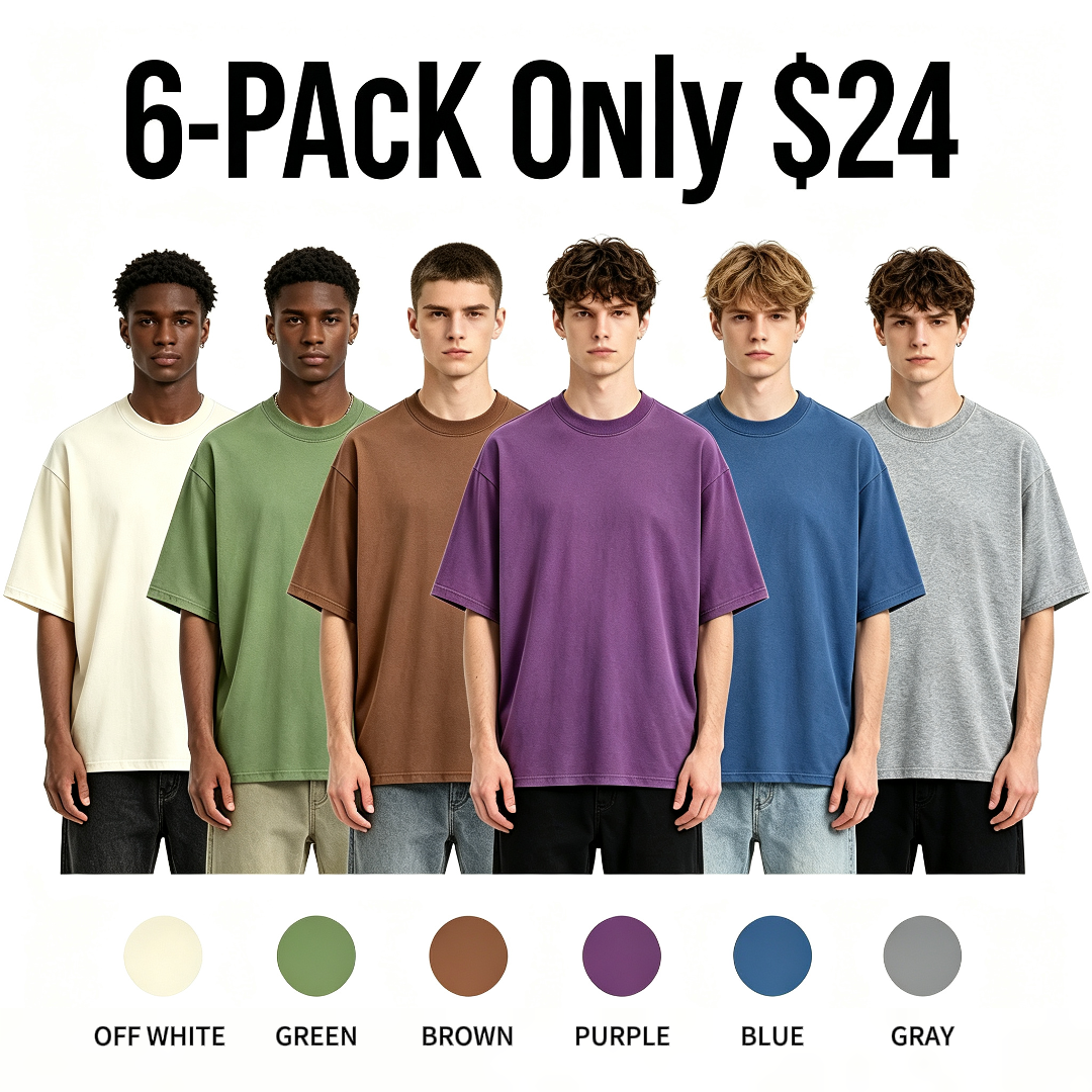 Oversized Distressed Cotton T-Shirts 4-Pack – Trendy Back-to-School Couple Outfits in Black, Cream, Brown & Blue