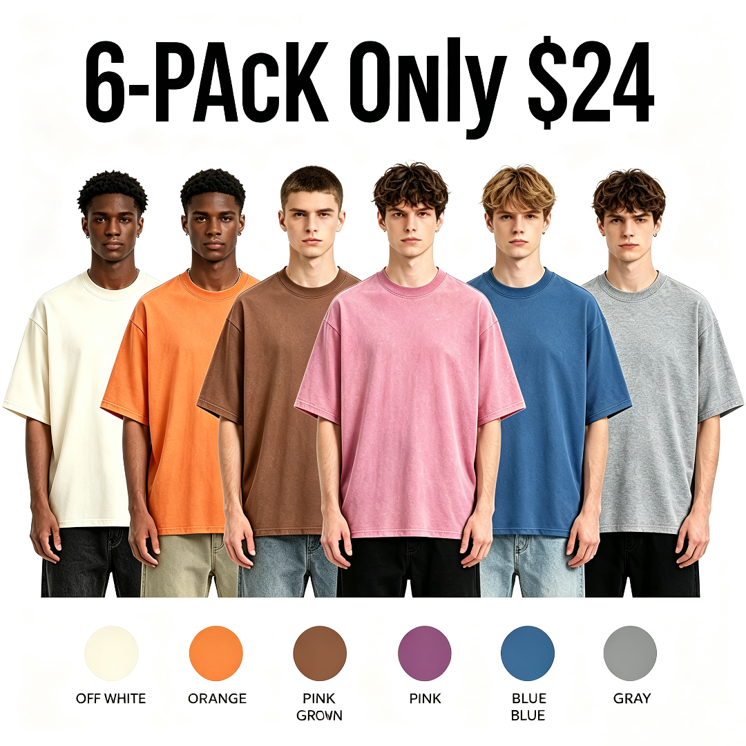 Oversized Distressed Cotton T-Shirts 4-Pack – Trendy Back-to-School Couple Outfits in Black, Cream, Brown & Blue