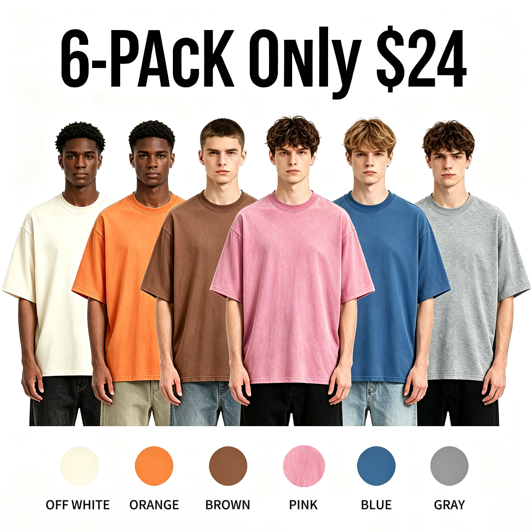 Oversized Distressed Cotton T-Shirts 4-Pack – Trendy Back-to-School Couple Outfits in Black, Cream, Brown & Blue