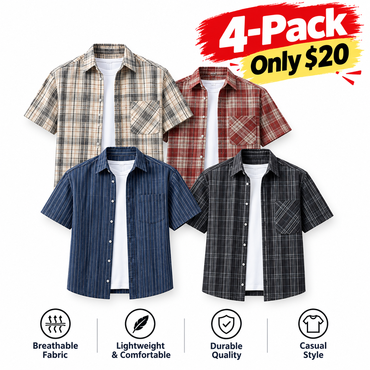 Fabricflora Men's Vintage Plaid Relaxed Short-Sleeve Shirt