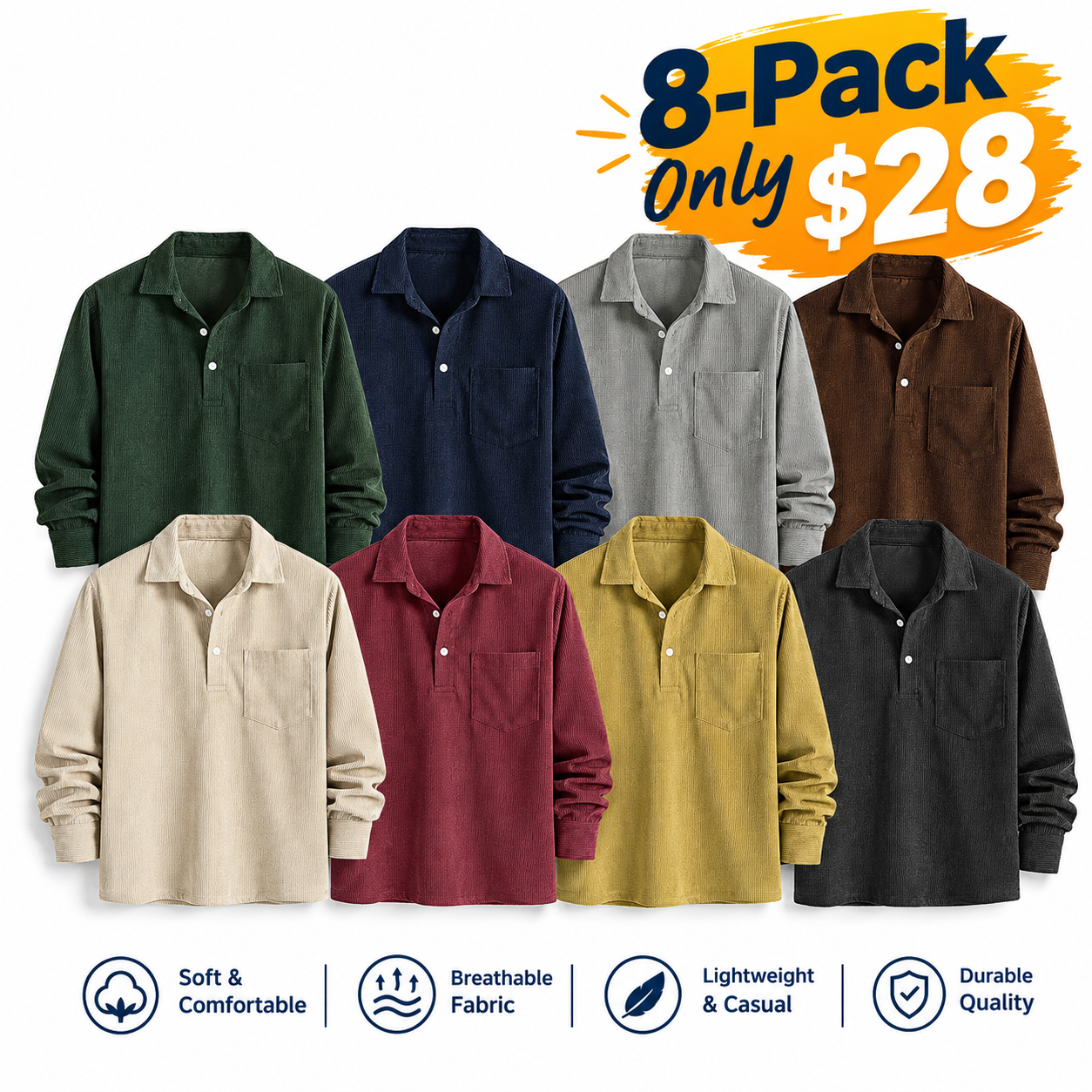 Fabricflora Men’s Classic Corduroy Half-Button Shirt – Long Sleeve Pocket Top