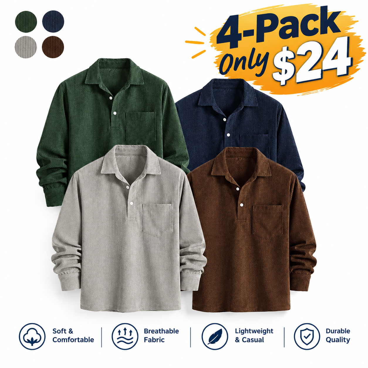 Fabricflora Men’s Classic Corduroy Half-Button Shirt – Long Sleeve Pocket Top