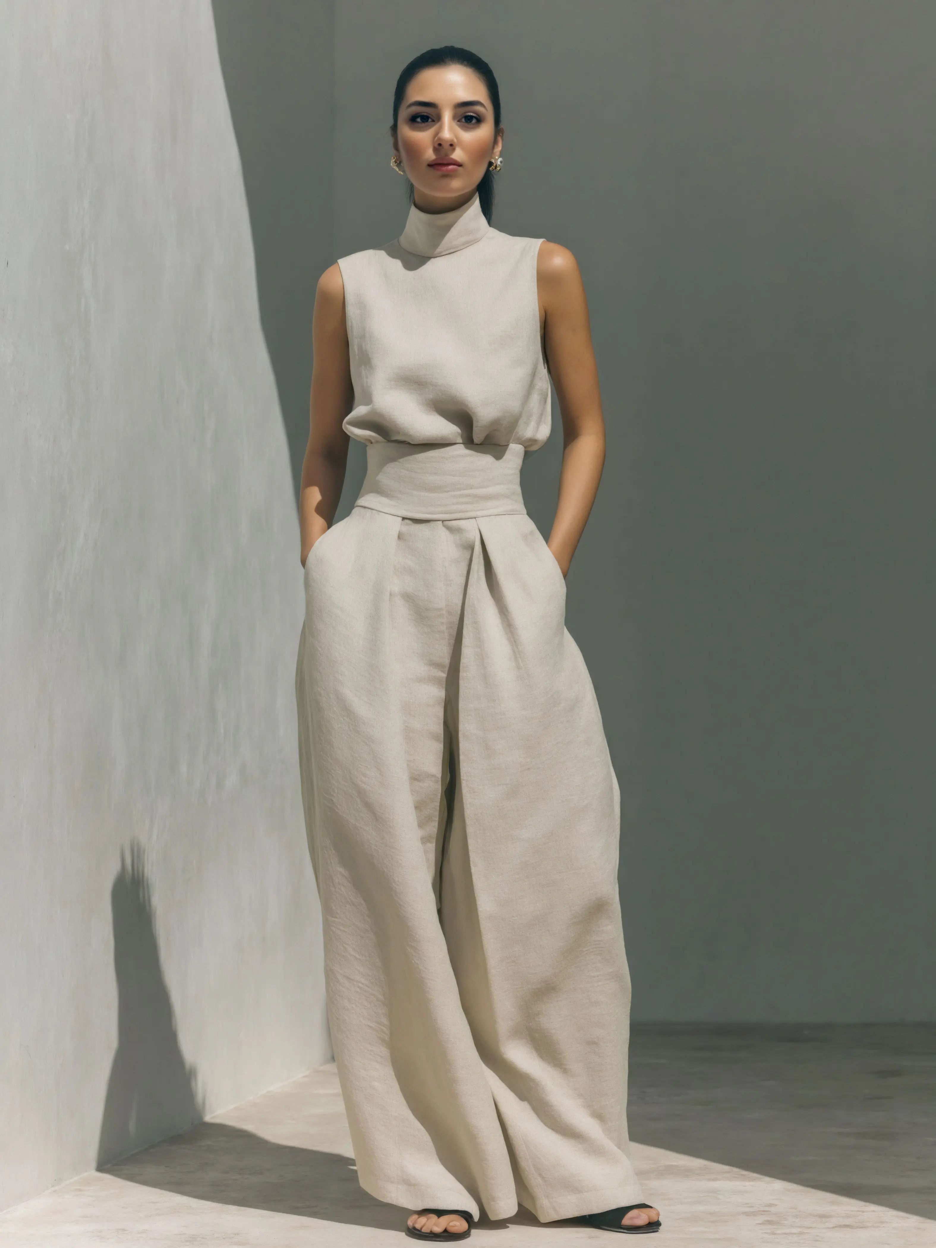 Women's 2-Piece Elegant Outfit Set - Chic Mock Neck Halter Top & High-Waisted Wide-Leg Pants