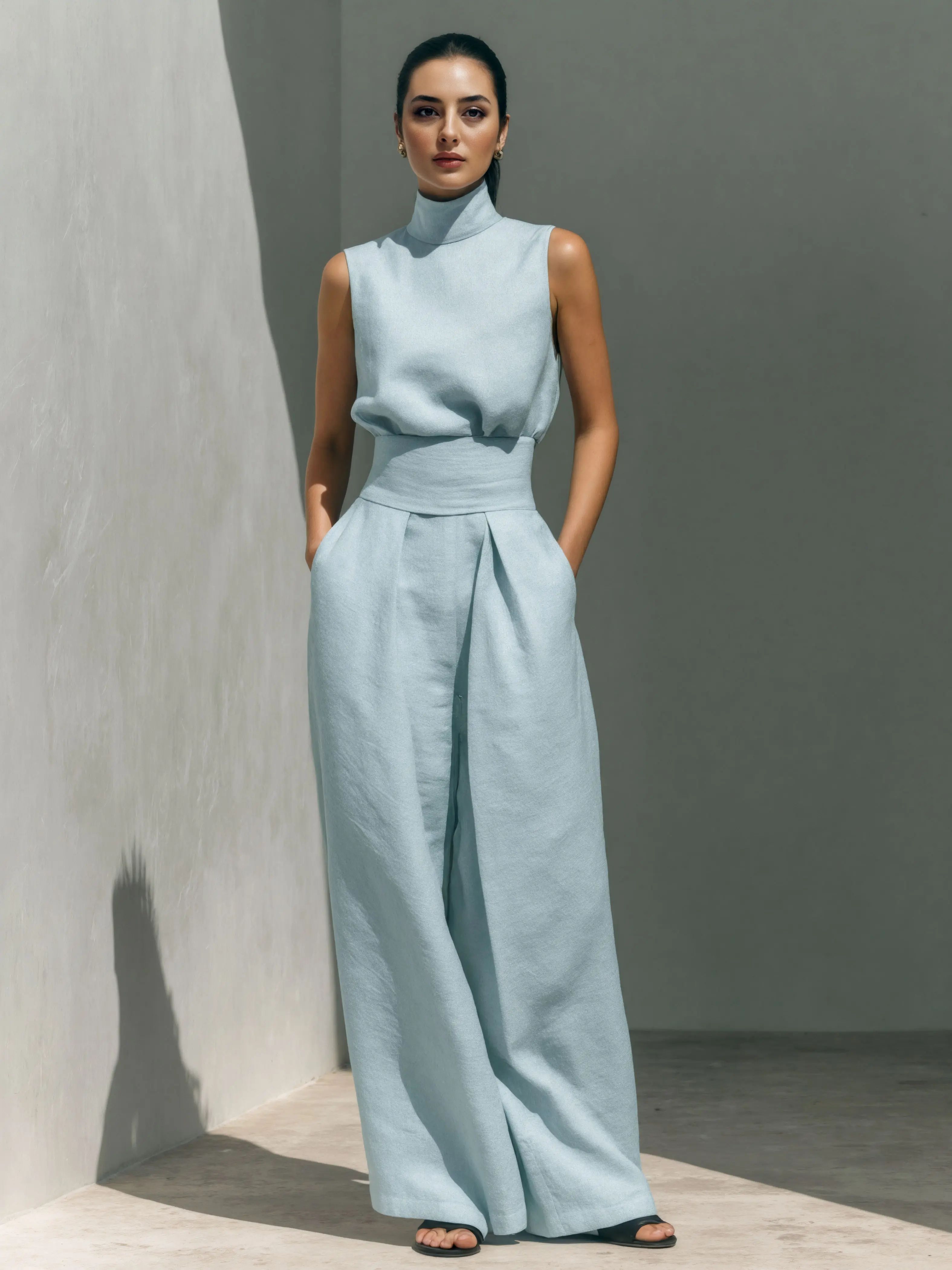 Women's 2-Piece Elegant Outfit Set - Chic Mock Neck Halter Top & High-Waisted Wide-Leg Pants