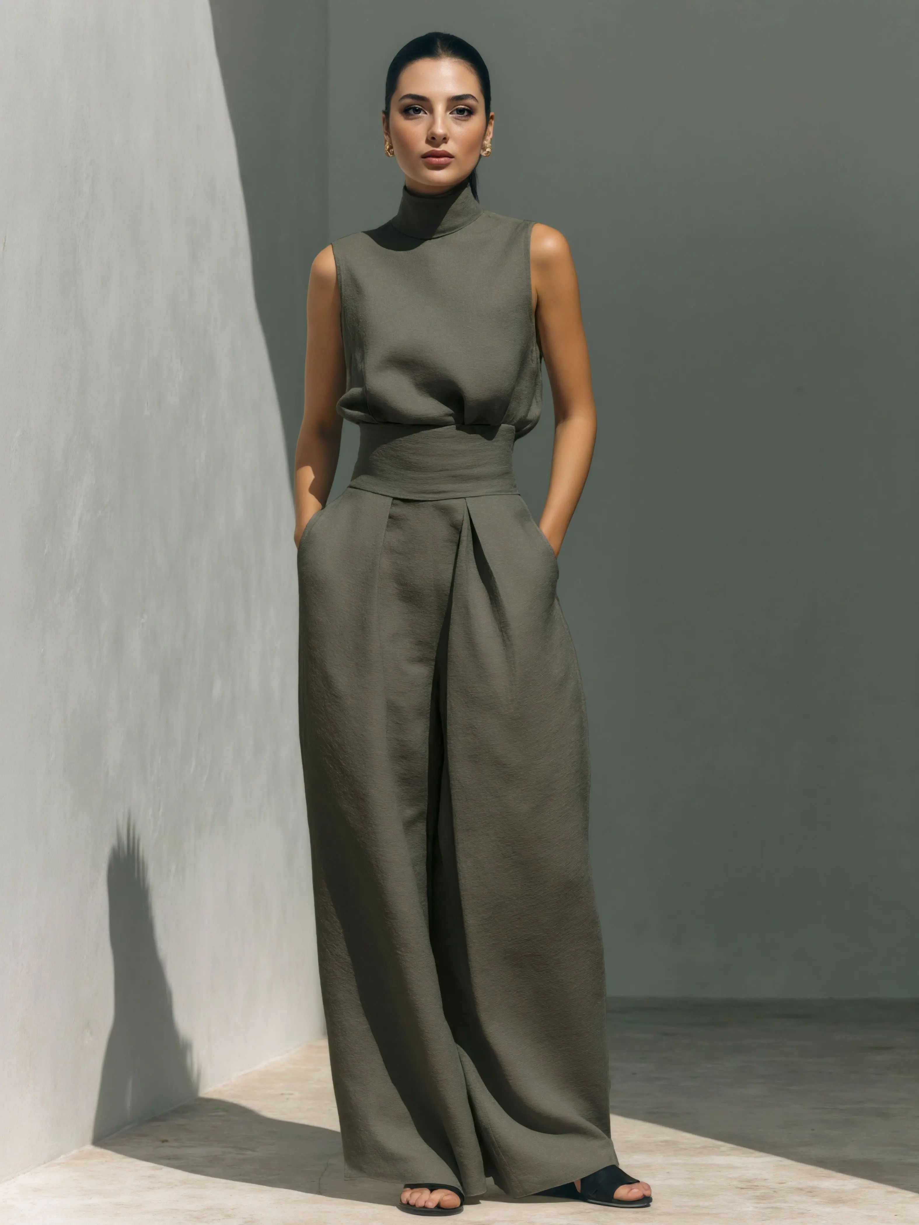 Women's 2-Piece Elegant Outfit Set - Chic Mock Neck Halter Top & High-Waisted Wide-Leg Pants