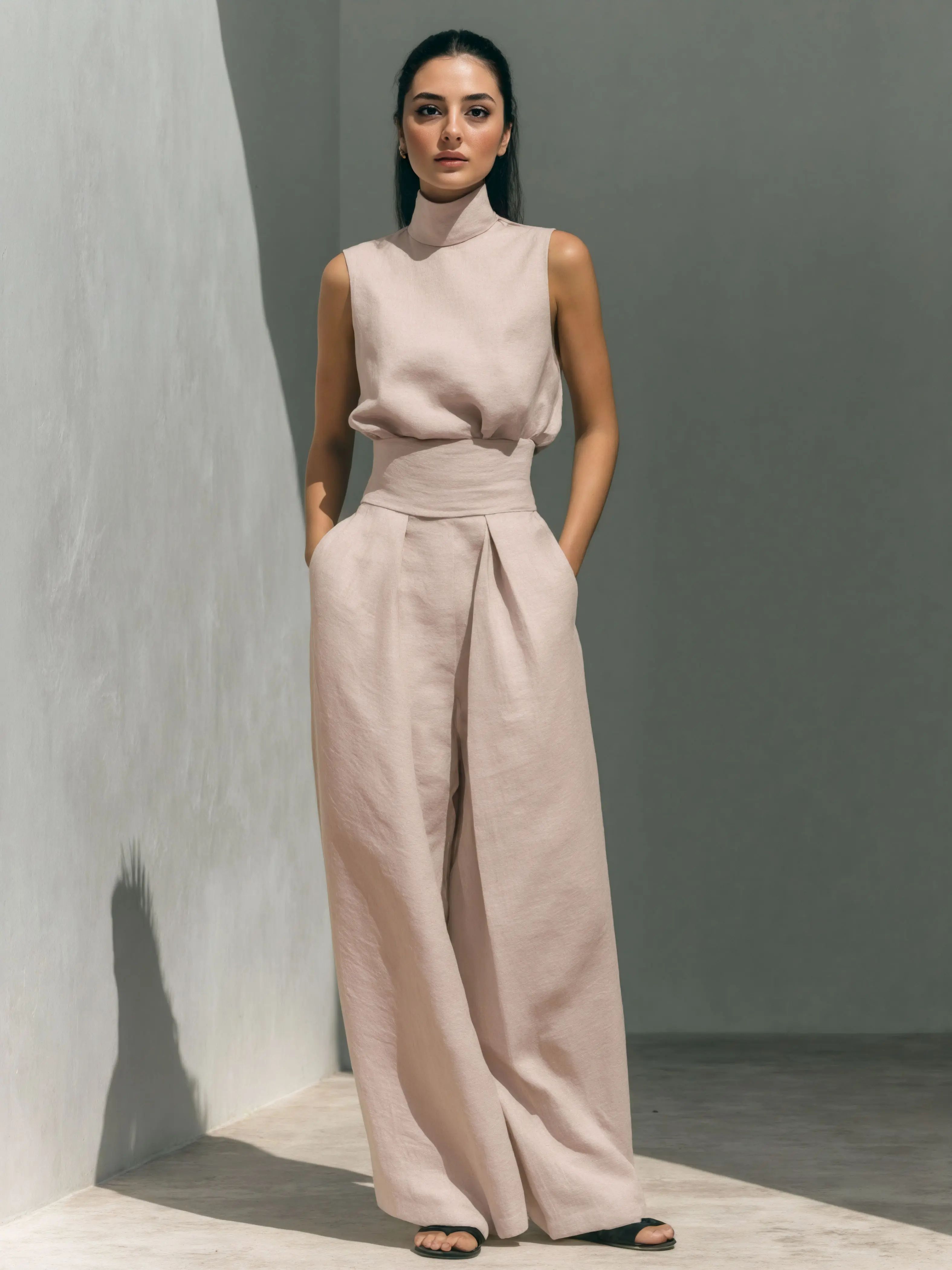 Women's 2-Piece Elegant Outfit Set - Chic Mock Neck Halter Top & High-Waisted Wide-Leg Pants