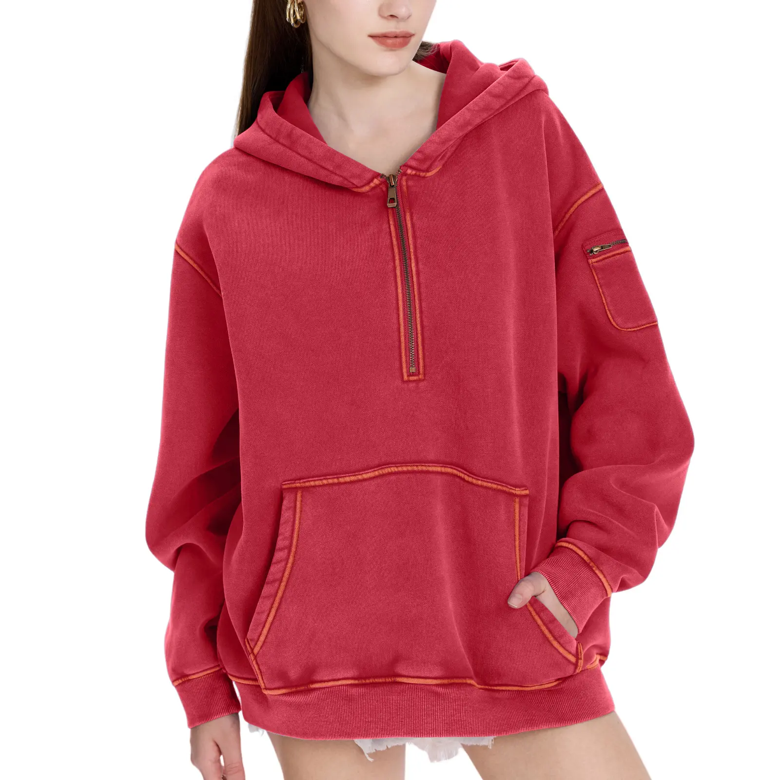 Fabricflora Oversized Acid-Wash Half-Zip Hoodie