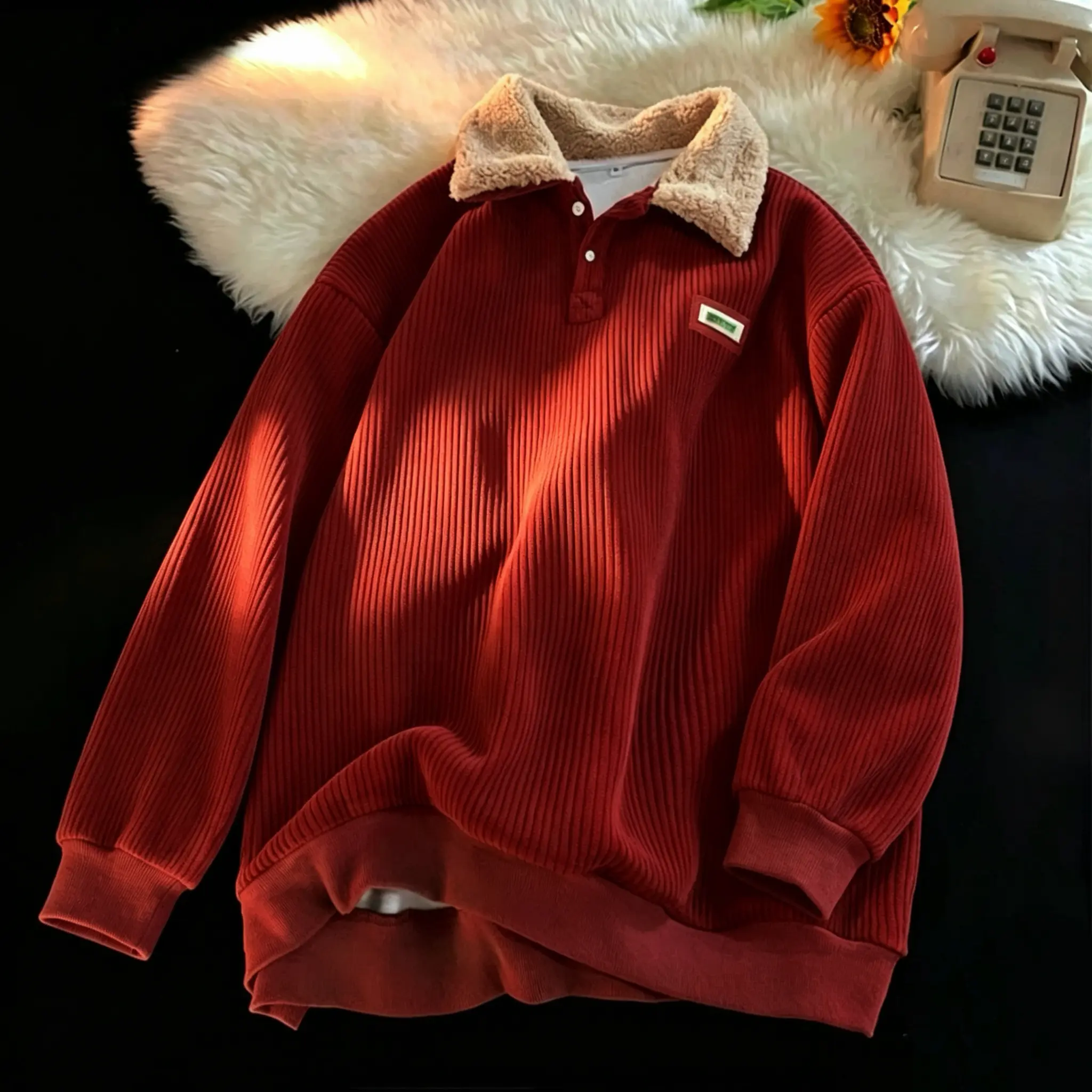 Fabricflora Unisex Sherpa-Lined Corduroy Polo Sweater