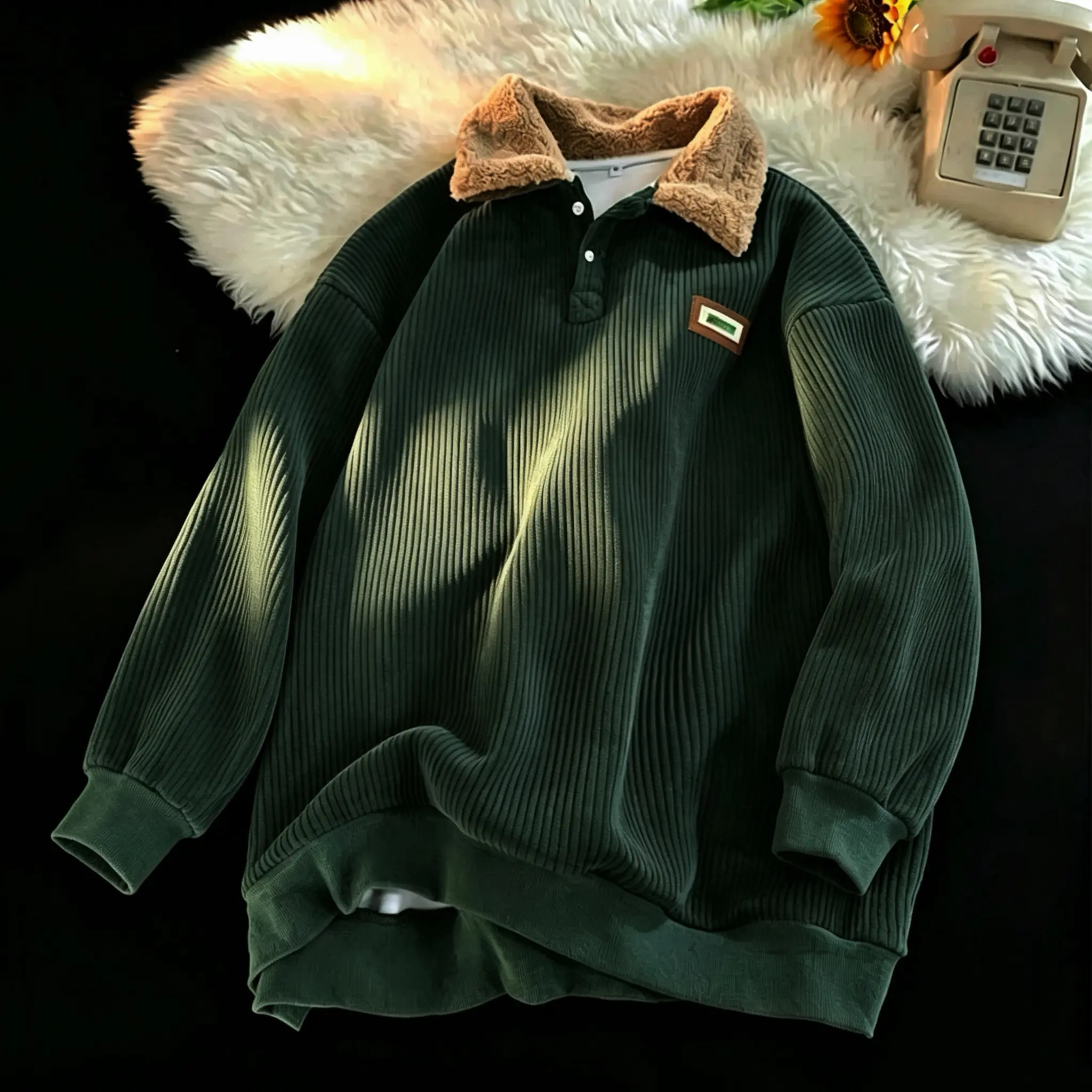 Fabricflora Unisex Sherpa-Lined Corduroy Polo Sweater