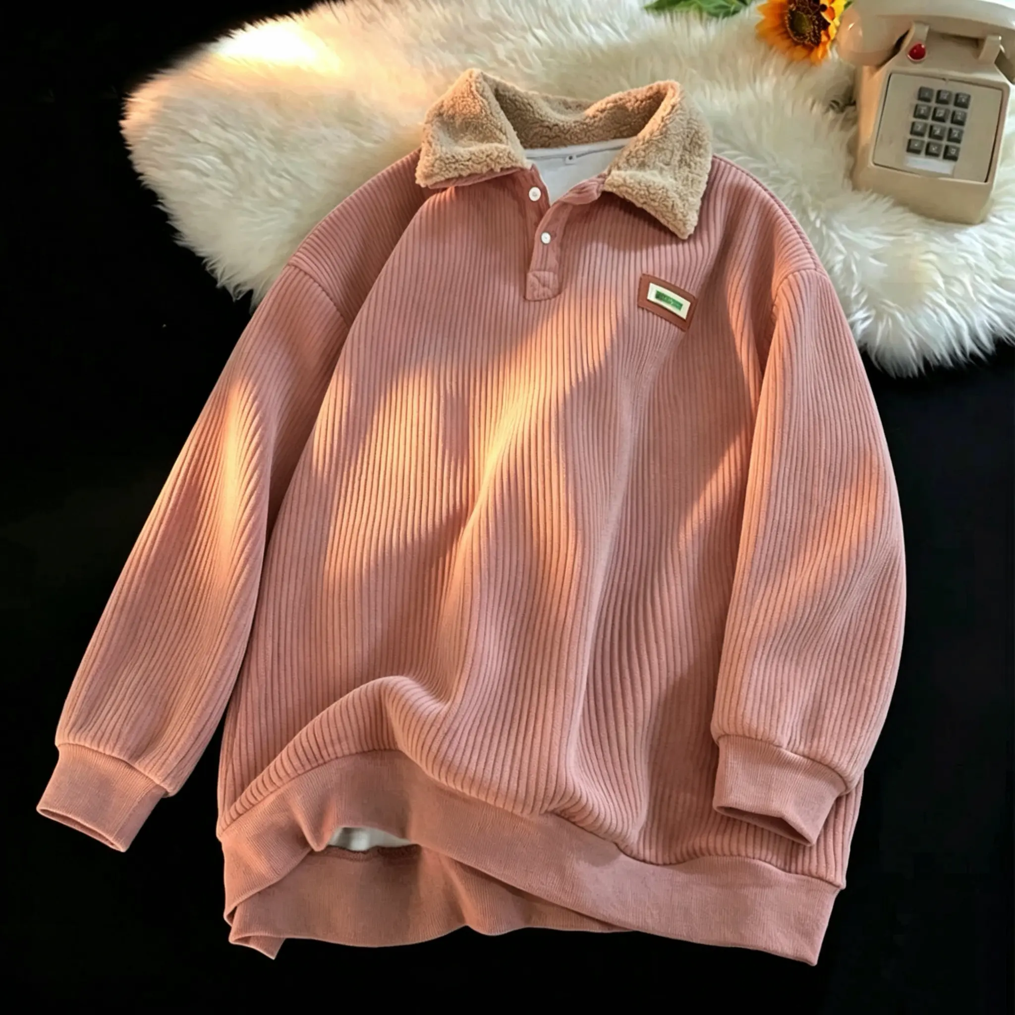 Fabricflora Unisex Sherpa-Lined Corduroy Polo Sweater