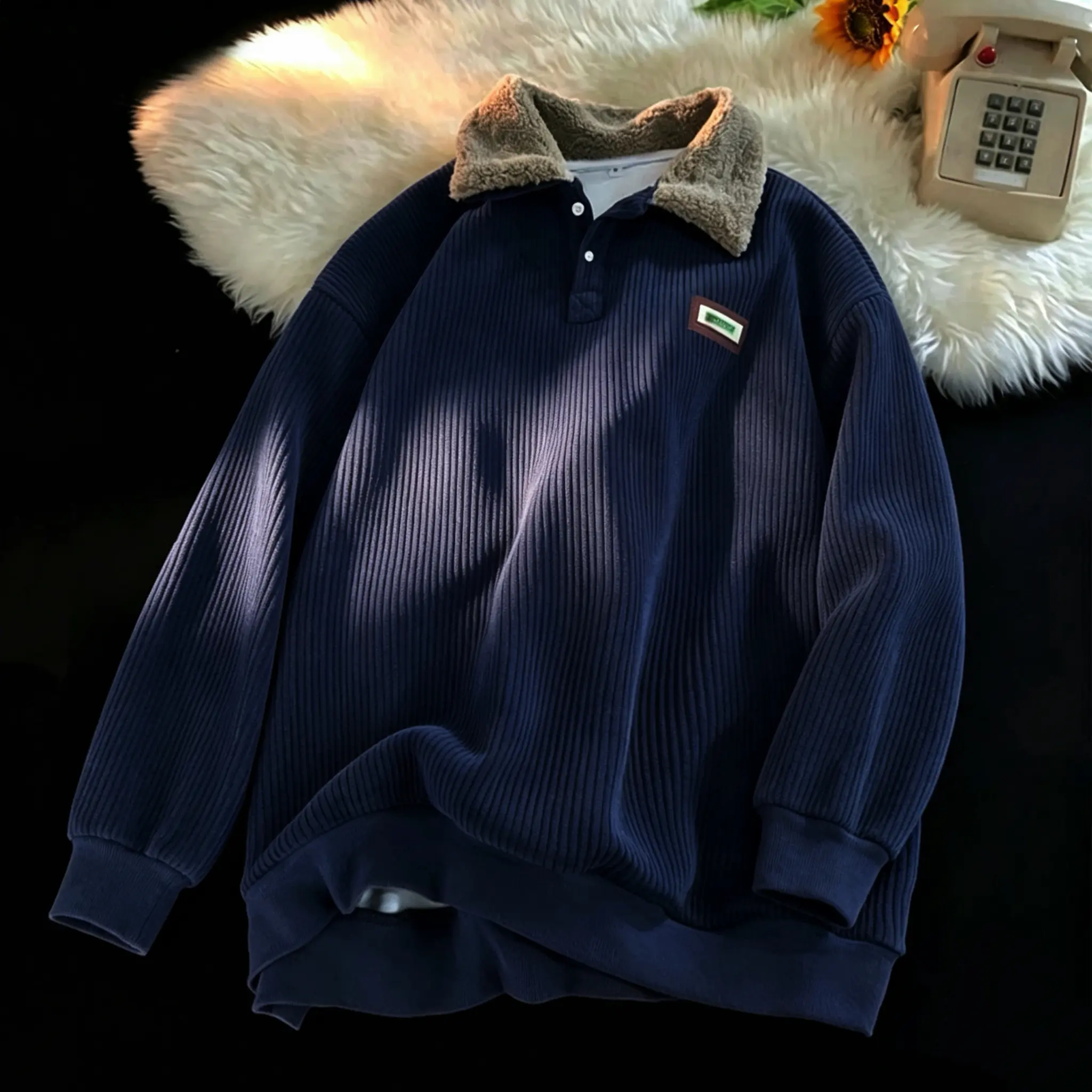 Fabricflora Unisex Sherpa-Lined Corduroy Polo Sweater