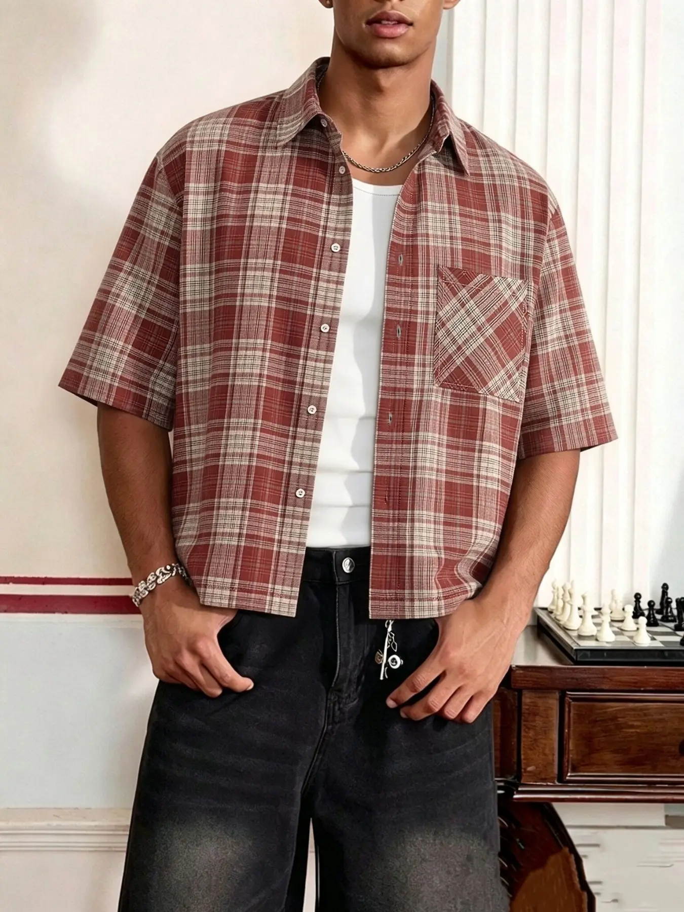 Fabricflora Men's Vintage Plaid Relaxed Short-Sleeve Shirt