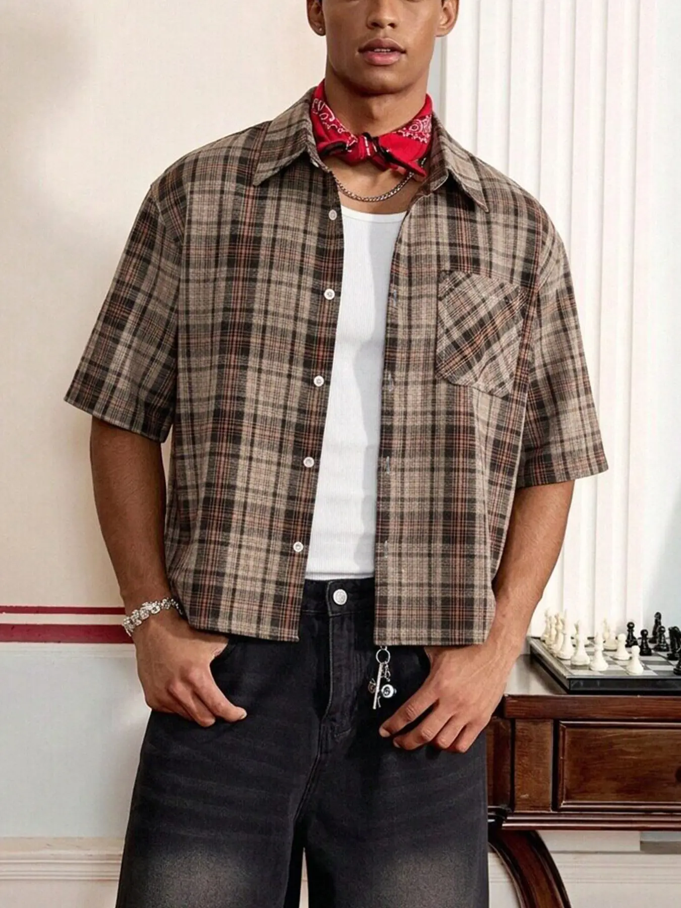 Fabricflora Men's Vintage Plaid Relaxed Short-Sleeve Shirt