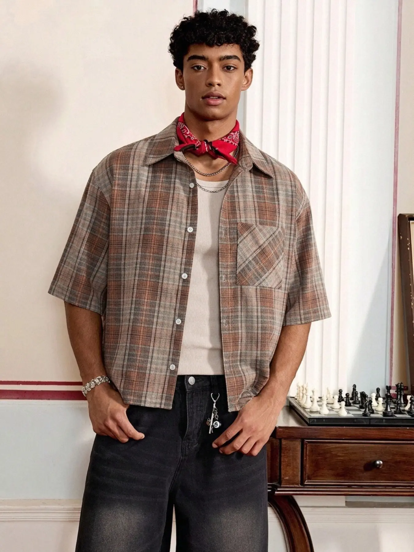 Fabricflora Men's Vintage Plaid Relaxed Short-Sleeve Shirt