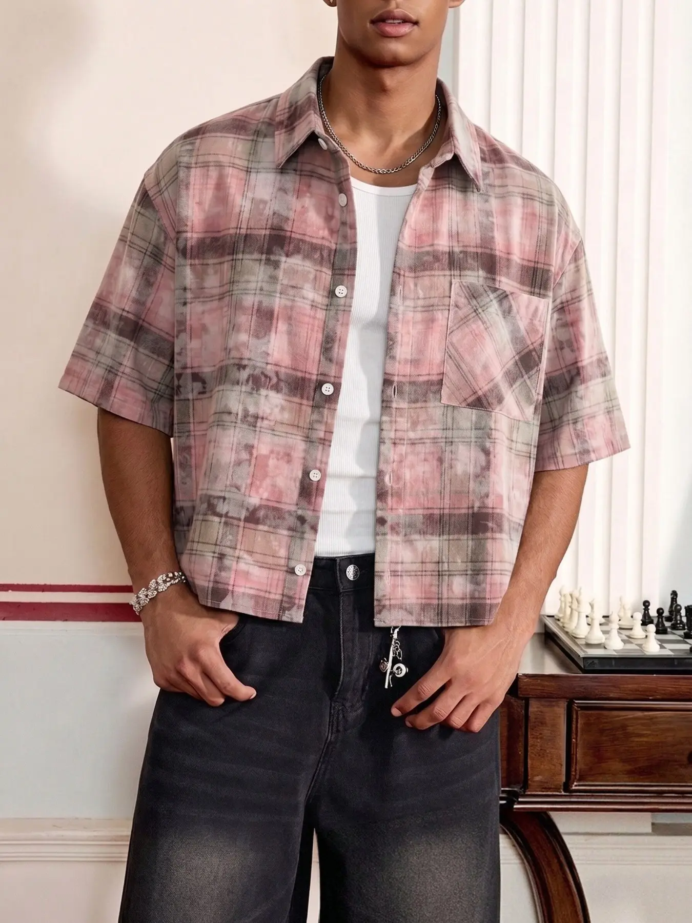 Fabricflora Men's Vintage Plaid Relaxed Short-Sleeve Shirt