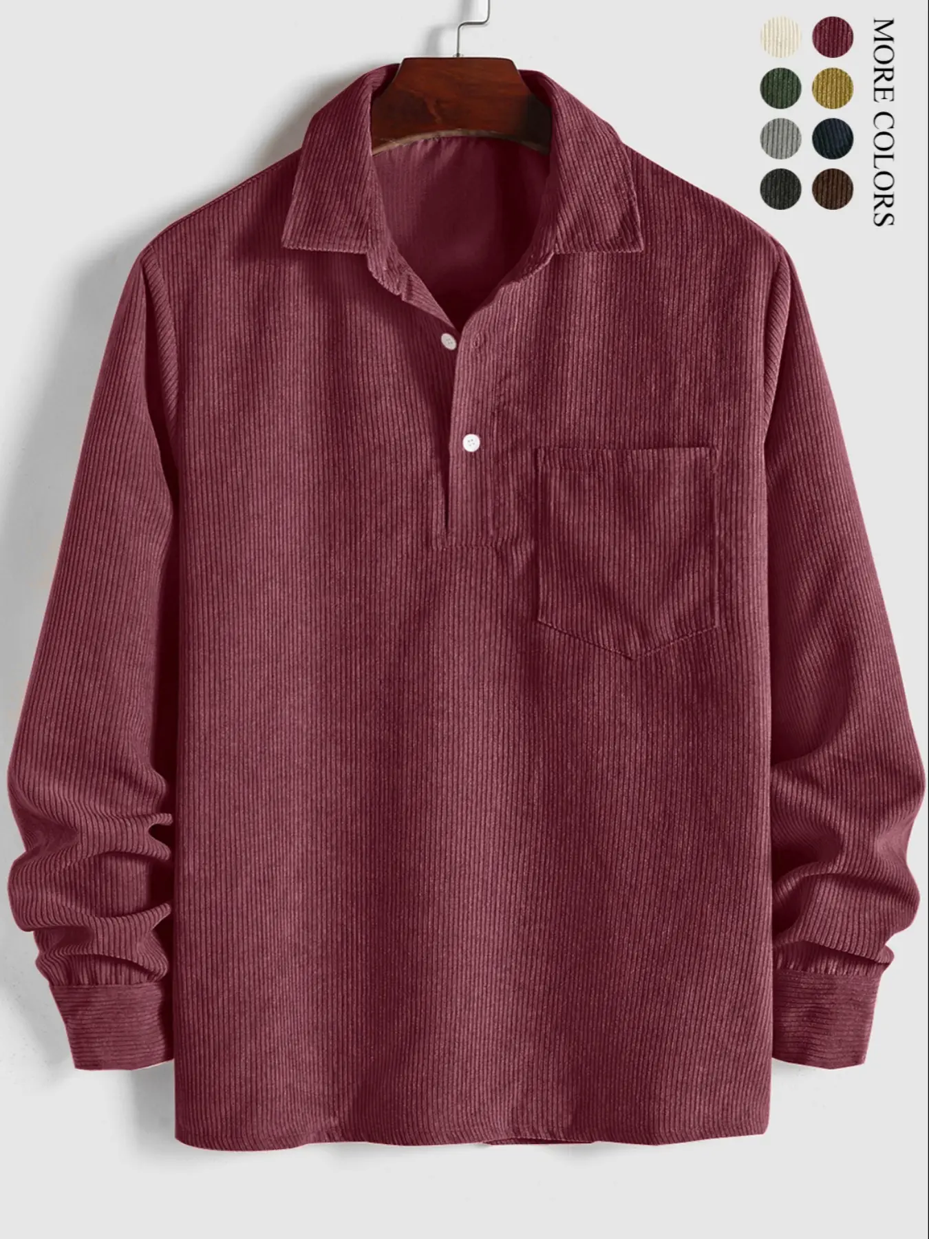 Fabricflora Men’s Classic Corduroy Half-Button Shirt – Long Sleeve Pocket Top