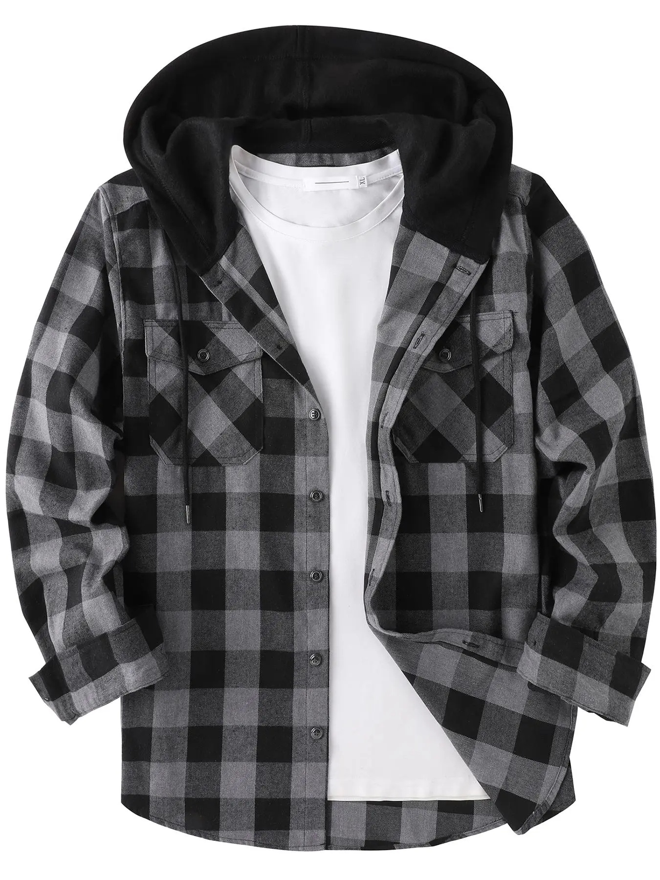 Men’s Plaid Button-Front Hooded Shirt – Long Sleeve Casual Outerwear
