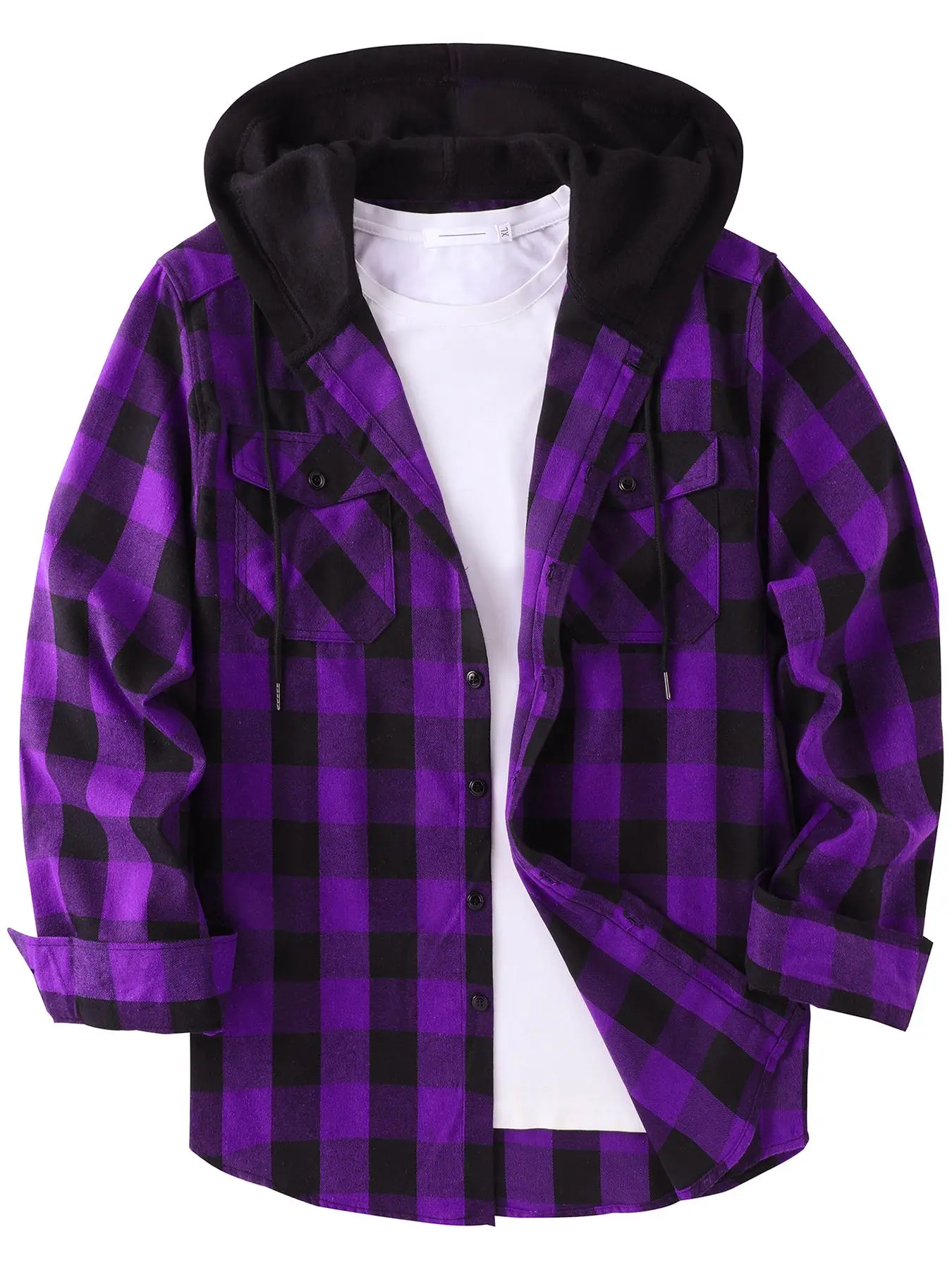 Men’s Plaid Button-Front Hooded Shirt – Long Sleeve Casual Outerwear