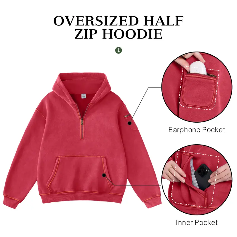 Fabricflora Oversized Acid-Wash Half-Zip Hoodie