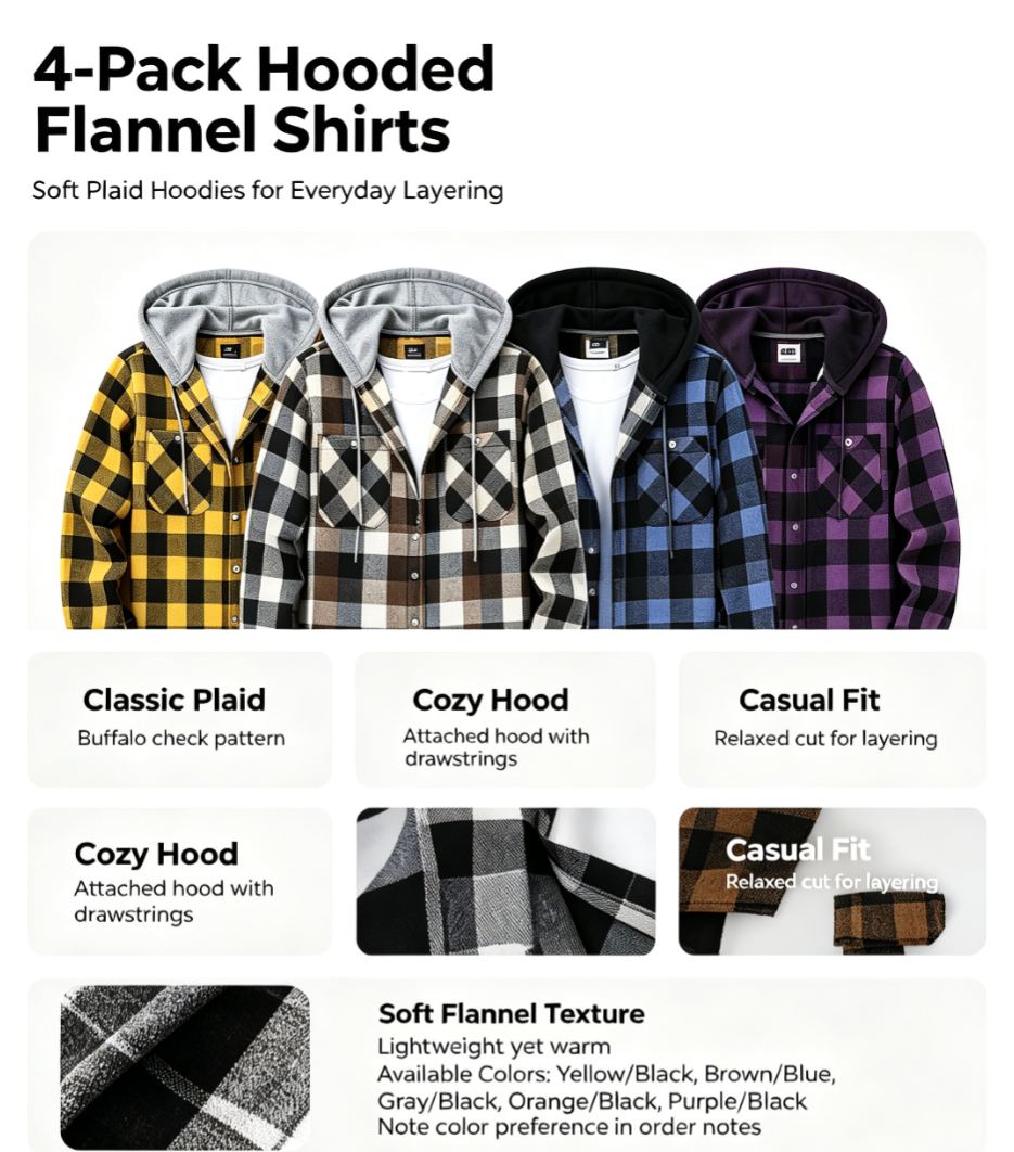 Men’s Plaid Button-Front Hooded Shirt – Long Sleeve Casual Outerwear