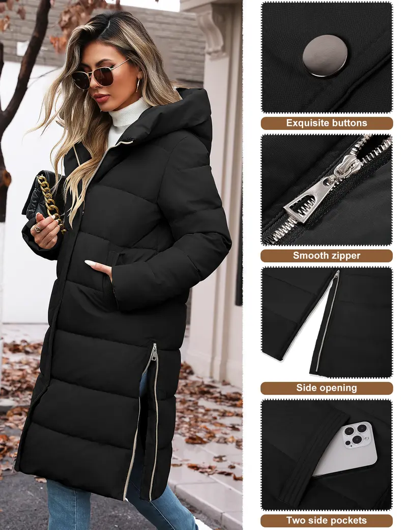 Women’s Mid-Length Hooded Puffer Coat – Thick Warm Quilted Winter Down Jacket with Side Zipper