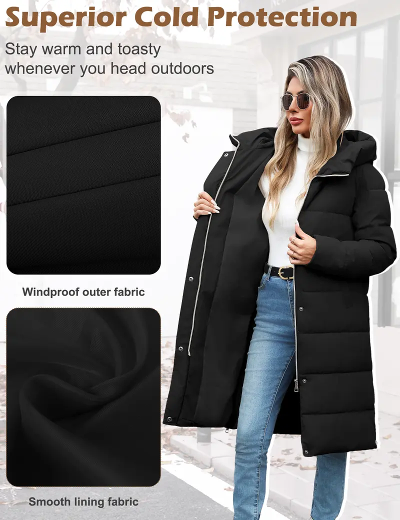 Women’s Mid-Length Hooded Puffer Coat – Thick Warm Quilted Winter Down Jacket with Side Zipper