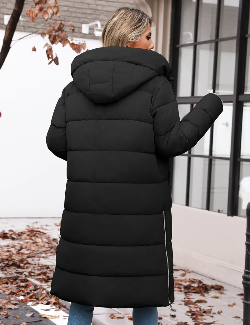 Women’s Mid-Length Hooded Puffer Coat – Thick Warm Quilted Winter Down Jacket with Side Zipper