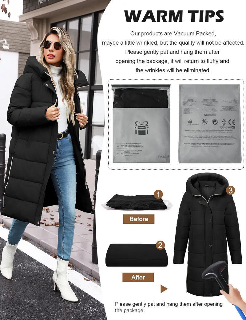 Women’s Mid-Length Hooded Puffer Coat – Thick Warm Quilted Winter Down Jacket with Side Zipper