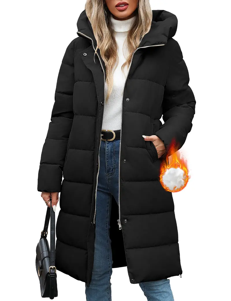 Women’s Mid-Length Hooded Puffer Coat – Thick Warm Quilted Winter Down Jacket with Side Zipper