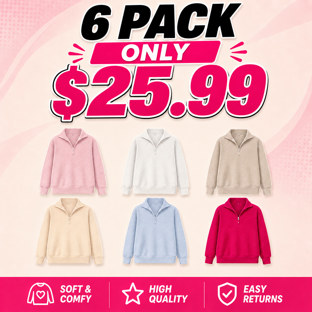 Women’s Casual Ribbed Quarter-Zip Pullover – Loose V-Neck Knit Top with Thumbholes