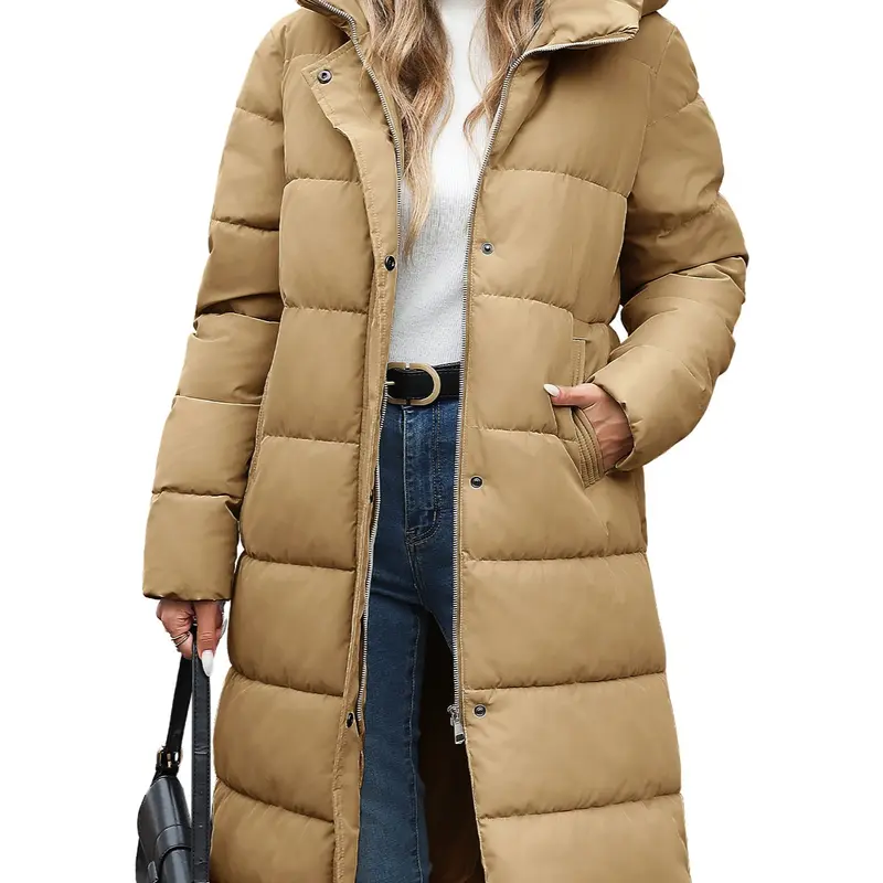 Women’s Mid-Length Hooded Puffer Coat – Thick Warm Quilted Winter Down Jacket with Side Zipper