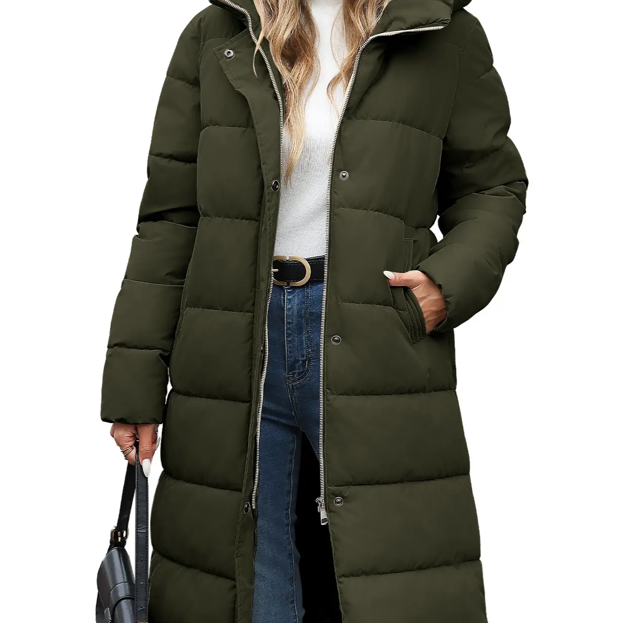 Women’s Mid-Length Hooded Puffer Coat – Thick Warm Quilted Winter Down Jacket with Side Zipper