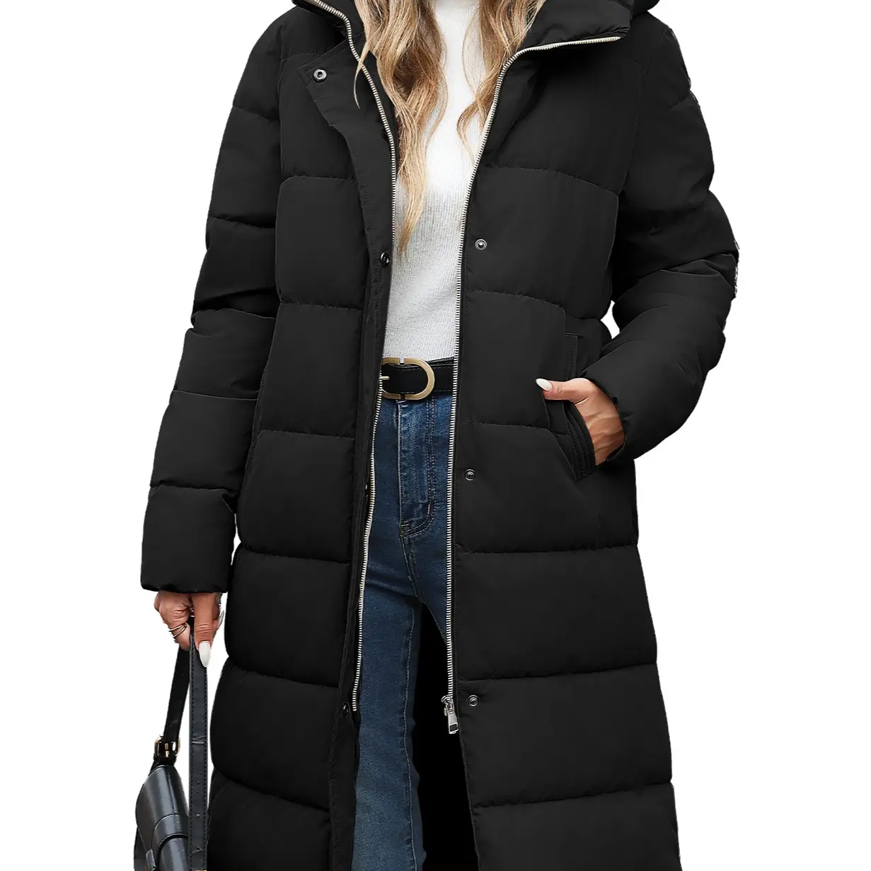 Women’s Mid-Length Hooded Puffer Coat – Thick Warm Quilted Winter Down Jacket with Side Zipper