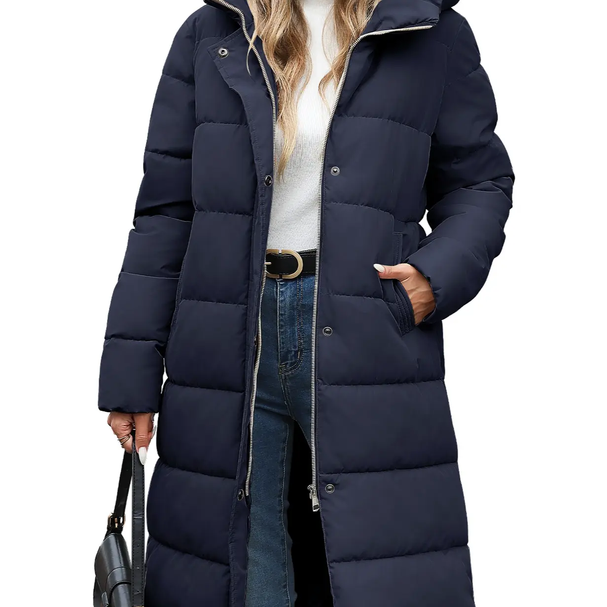 Women’s Mid-Length Hooded Puffer Coat – Thick Warm Quilted Winter Down Jacket with Side Zipper