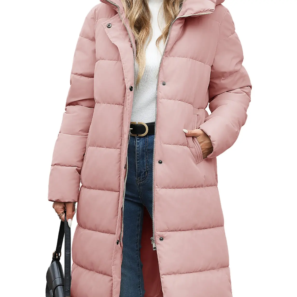 Women’s Mid-Length Hooded Puffer Coat – Thick Warm Quilted Winter Down Jacket with Side Zipper