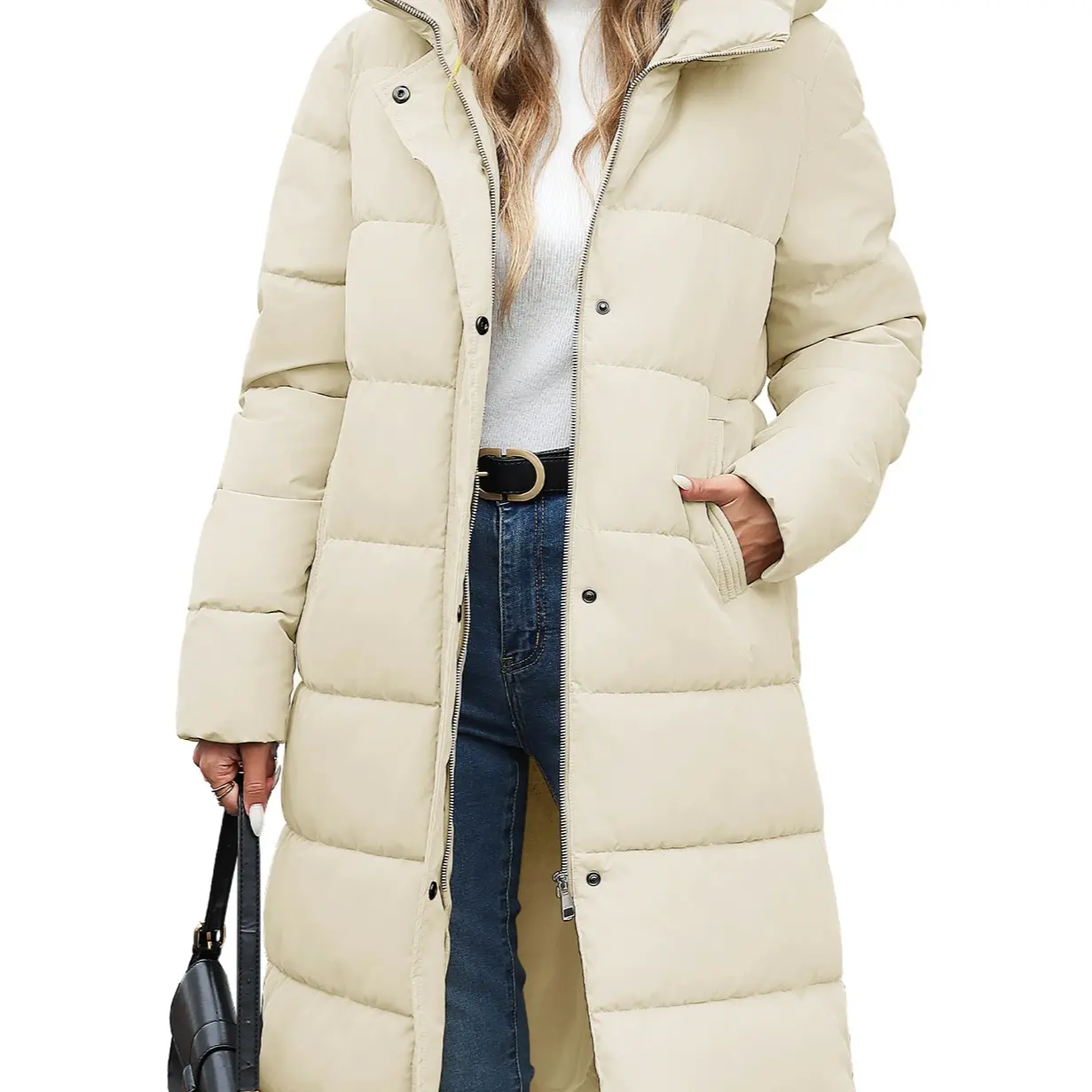 Women’s Mid-Length Hooded Puffer Coat – Thick Warm Quilted Winter Down Jacket with Side Zipper