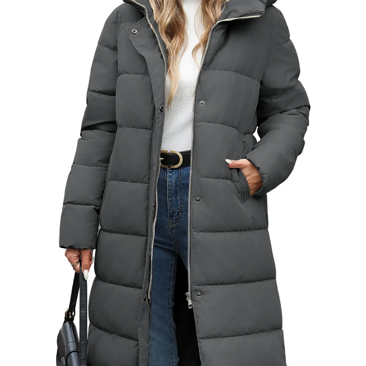 Women’s Mid-Length Hooded Puffer Coat – Thick Warm Quilted Winter Down Jacket with Side Zipper