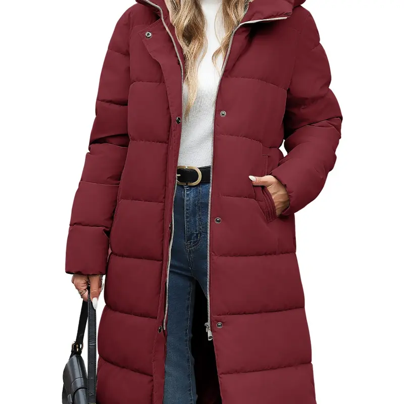 Women’s Mid-Length Hooded Puffer Coat – Thick Warm Quilted Winter Down Jacket with Side Zipper