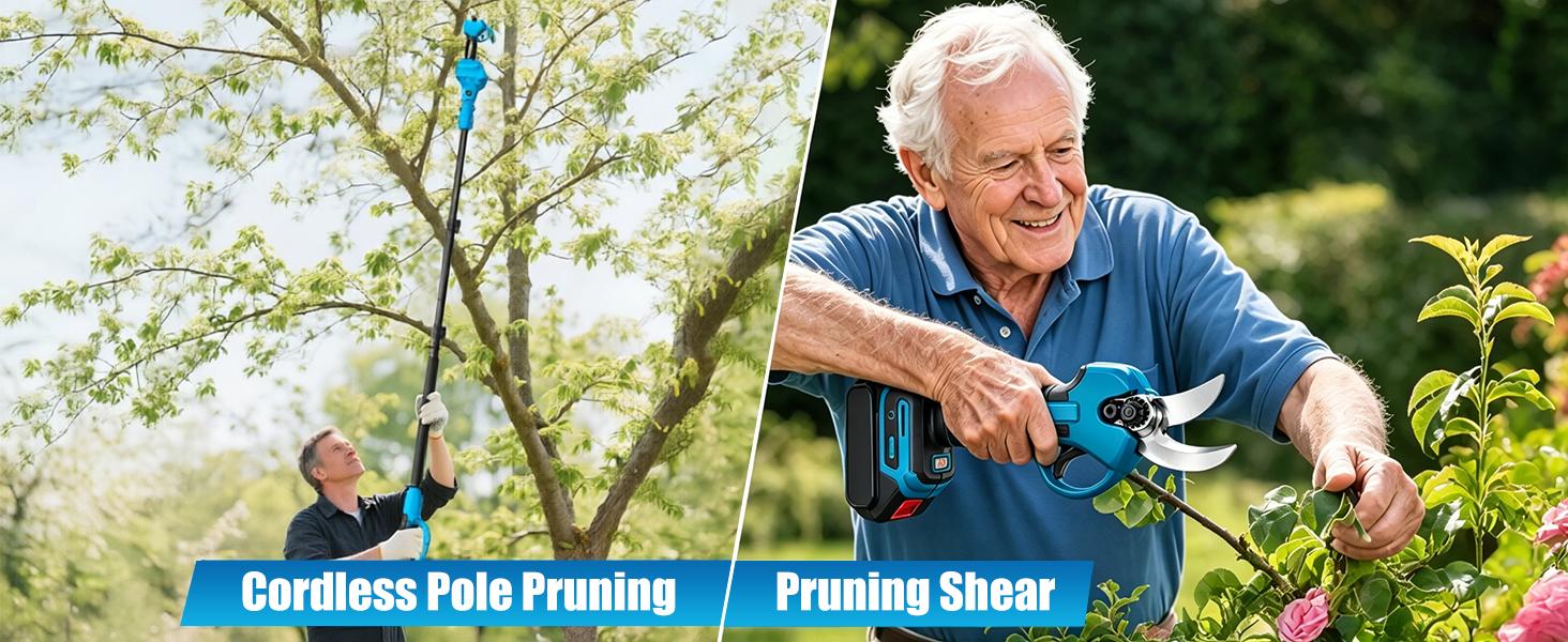 3-in-1 Cordless Pole Saw & Mini Chainsaw Garden Tools Set with 2 Batteries, Extension Pole, Garden Scissors for Tree Trimming, Limb Branch Cutter for Outdoor Use, Father's Day Gift