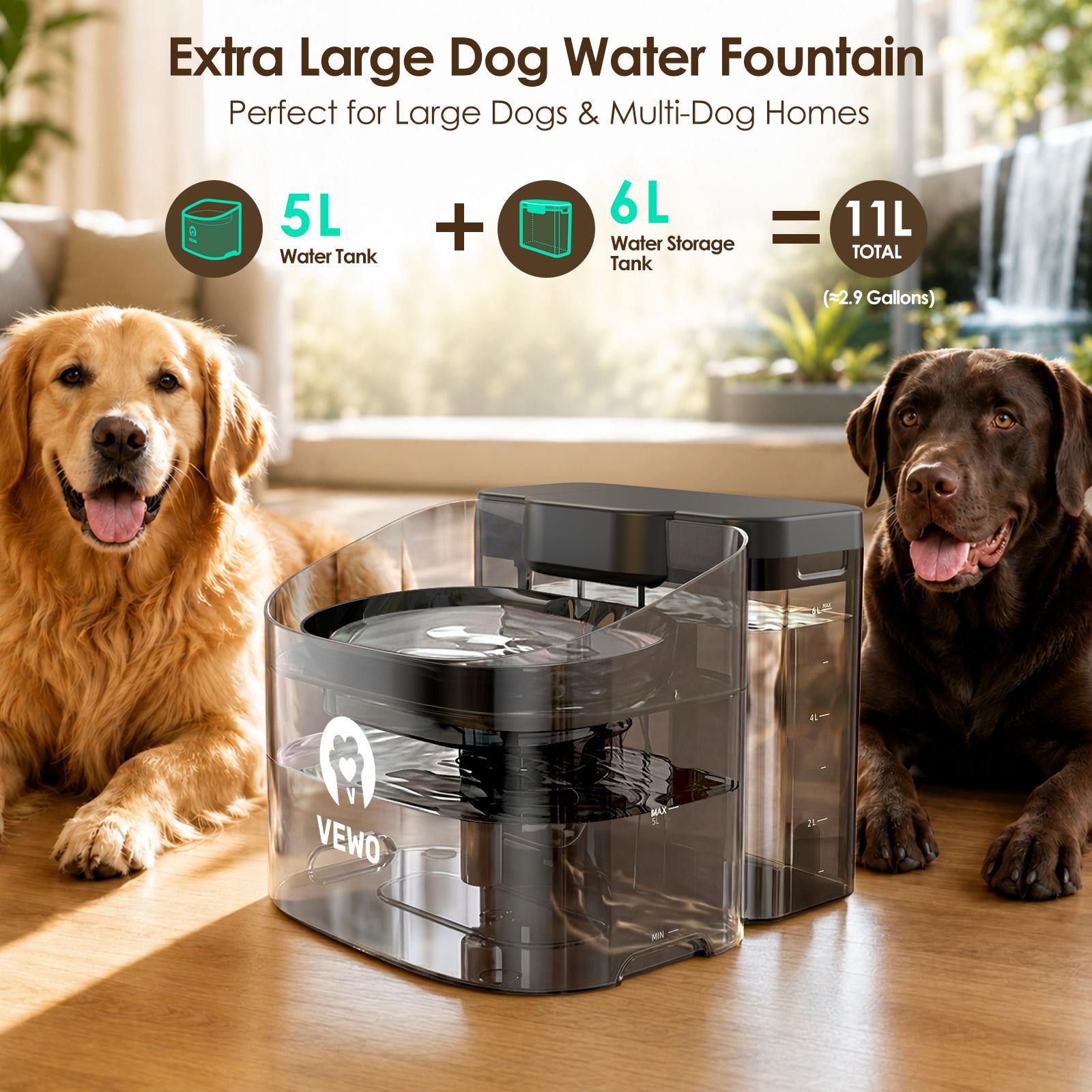 VEWO 11L Large Dog Water Fountain, 5L Drinking Area + 6L Reserve Tank, Deep Anti-Spill Bowl for Big Dogs & Multi-Pet Homes, Automatic Flowing Water Dispenser with Multi-Layer Filtration, BPA-Free, Ultra Quiet & Easy to Clean