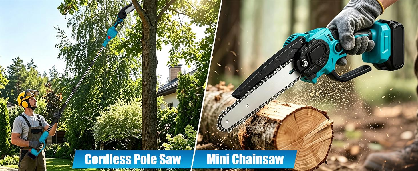 3-in-1 Cordless Pole Saw & Mini Chainsaw Garden Tools Set with 2 Batteries, Extension Pole, Garden Scissors for Tree Trimming, Limb Branch Cutter for Outdoor Use, Father's Day Gift