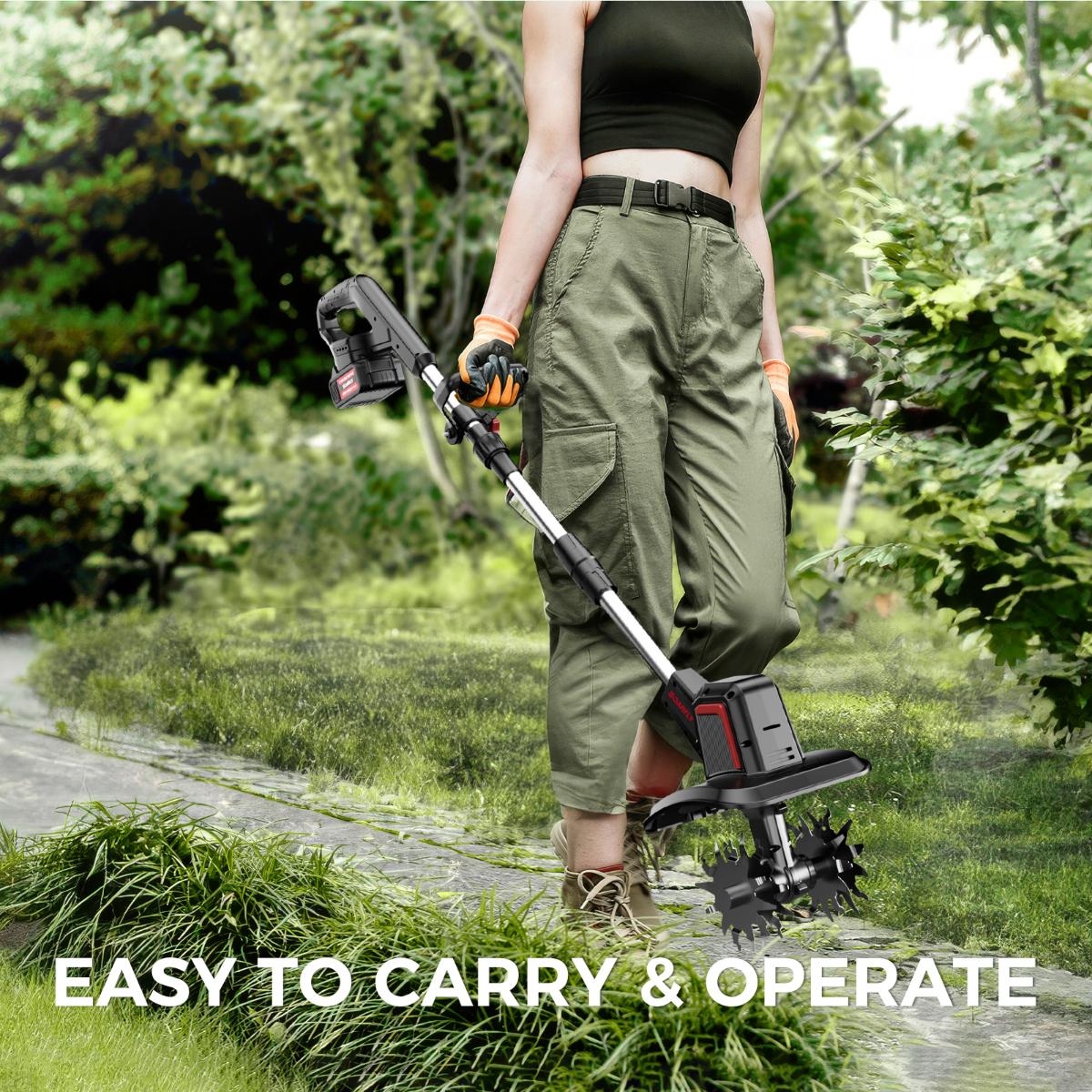 【20V 360RPM + 2 Batteries】SOARFLY 20V Electric Tiller, 360 RPM, With 2&times;4.0AH Batteries & Charger, 9 inch Width, 6.6 inch Depth, 48 Steel Tines Rototiller for Lawn/Gardening/Soil Cultivation