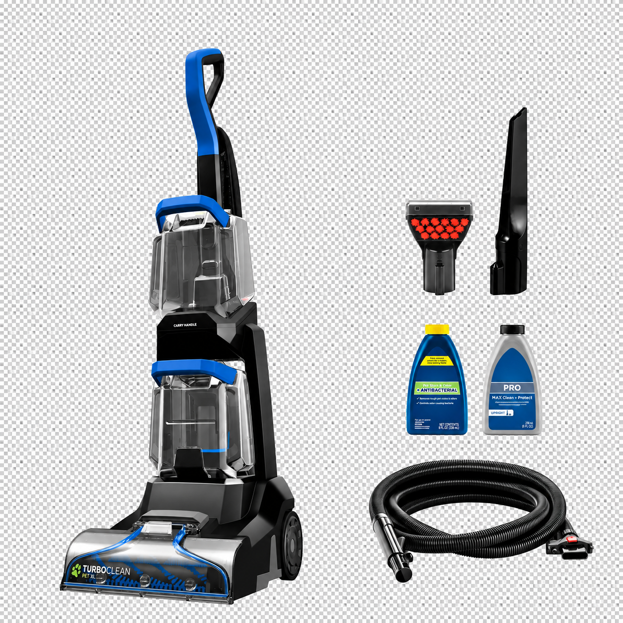 Upright carpet cleaner with hose and accessories, brand-free product image
