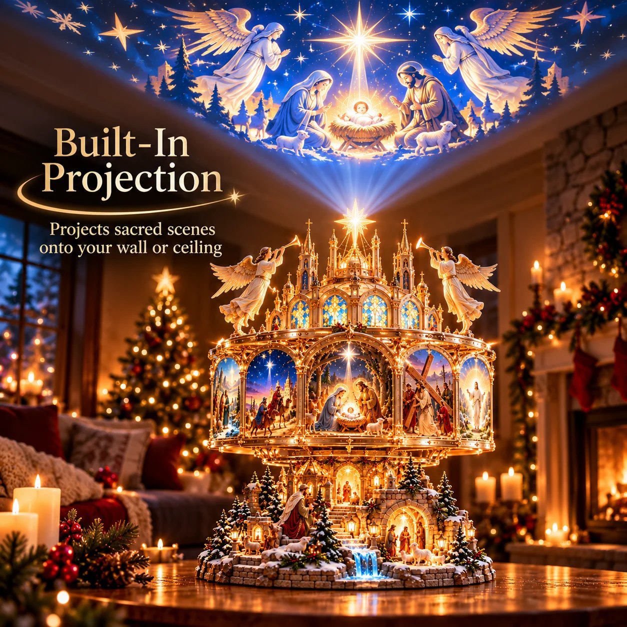 ✝️✨ Journey of Faith&trade; &ndash; 360&deg; Rotating Lighted Bible Story Nativity Display with Angelic Cathedral & Sacred Scenes