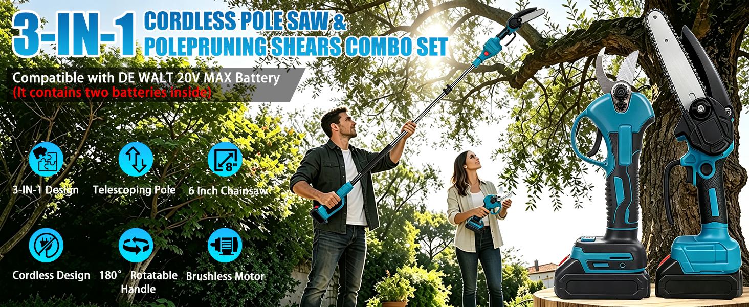 3-in-1 Cordless Pole Saw & Mini Chainsaw Garden Tools Set with 2 Batteries, Extension Pole, Garden Scissors for Tree Trimming, Limb Branch Cutter for Outdoor Use, Father's Day Gift